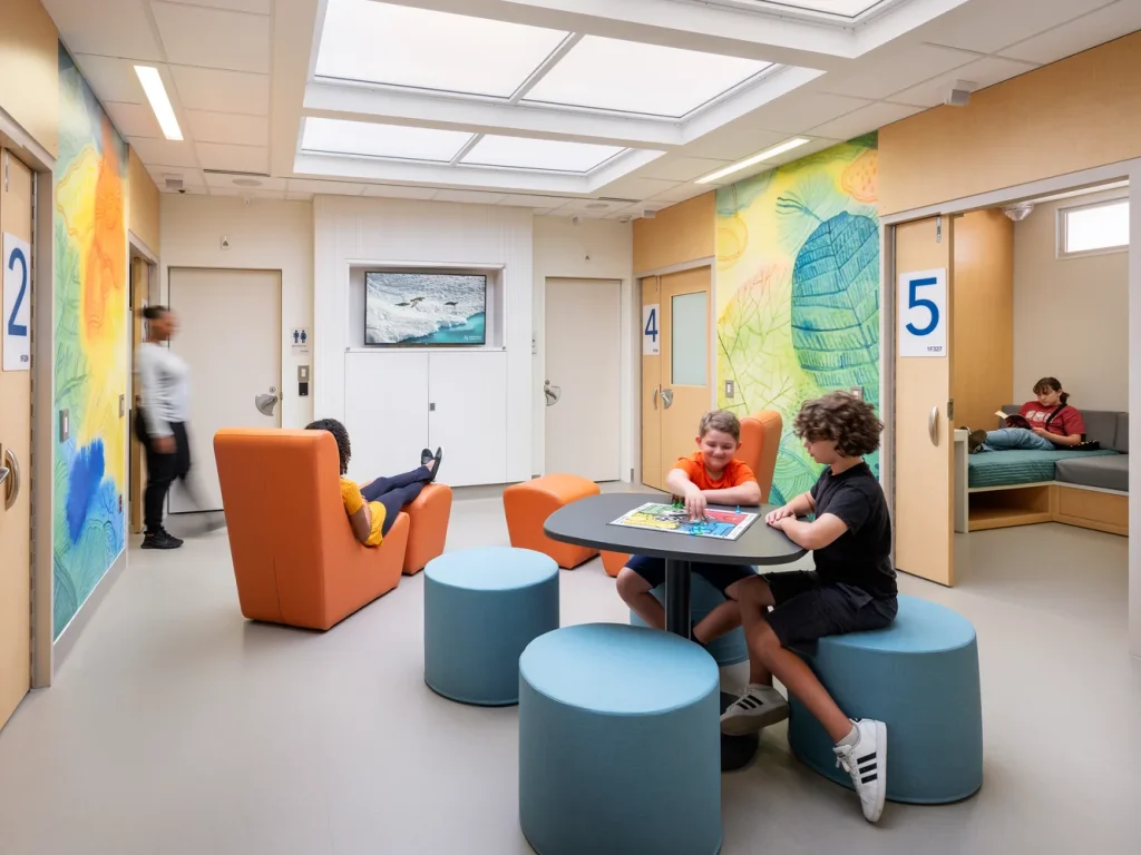 Children play a board game and relax in a naturally lit day room, with numbered bedroom doors, orange lounge chairs and painted botanical murals between them.
