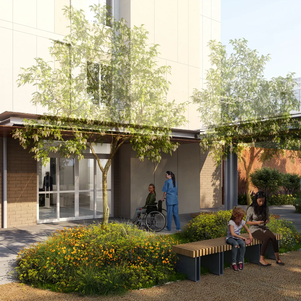 Architectural rendering of a hospital entry garden, with a timber pergola and young trees over flowering planting, a person being pushed in a wheelchair by a member of staff, and people seated on a slatted bench.